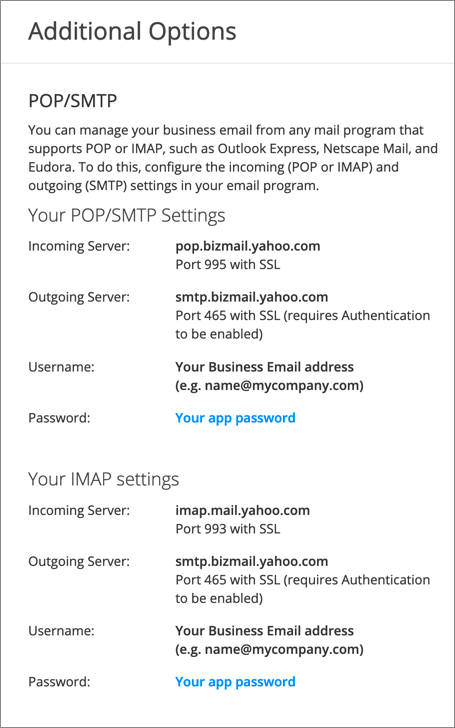 Business POP, SMTP, and IMAP settings